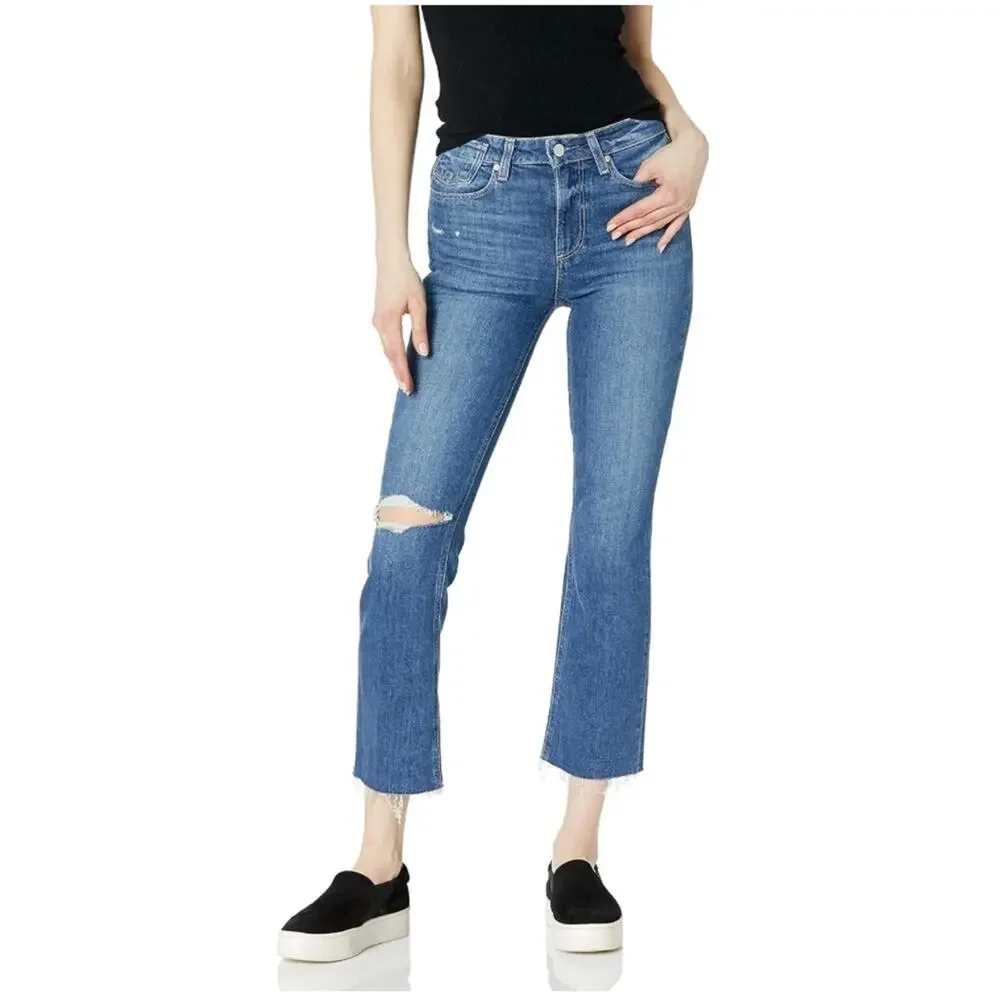 NWOT PAIGE Colette Crop Flare Distressed Medium Wash Jeans Size 27